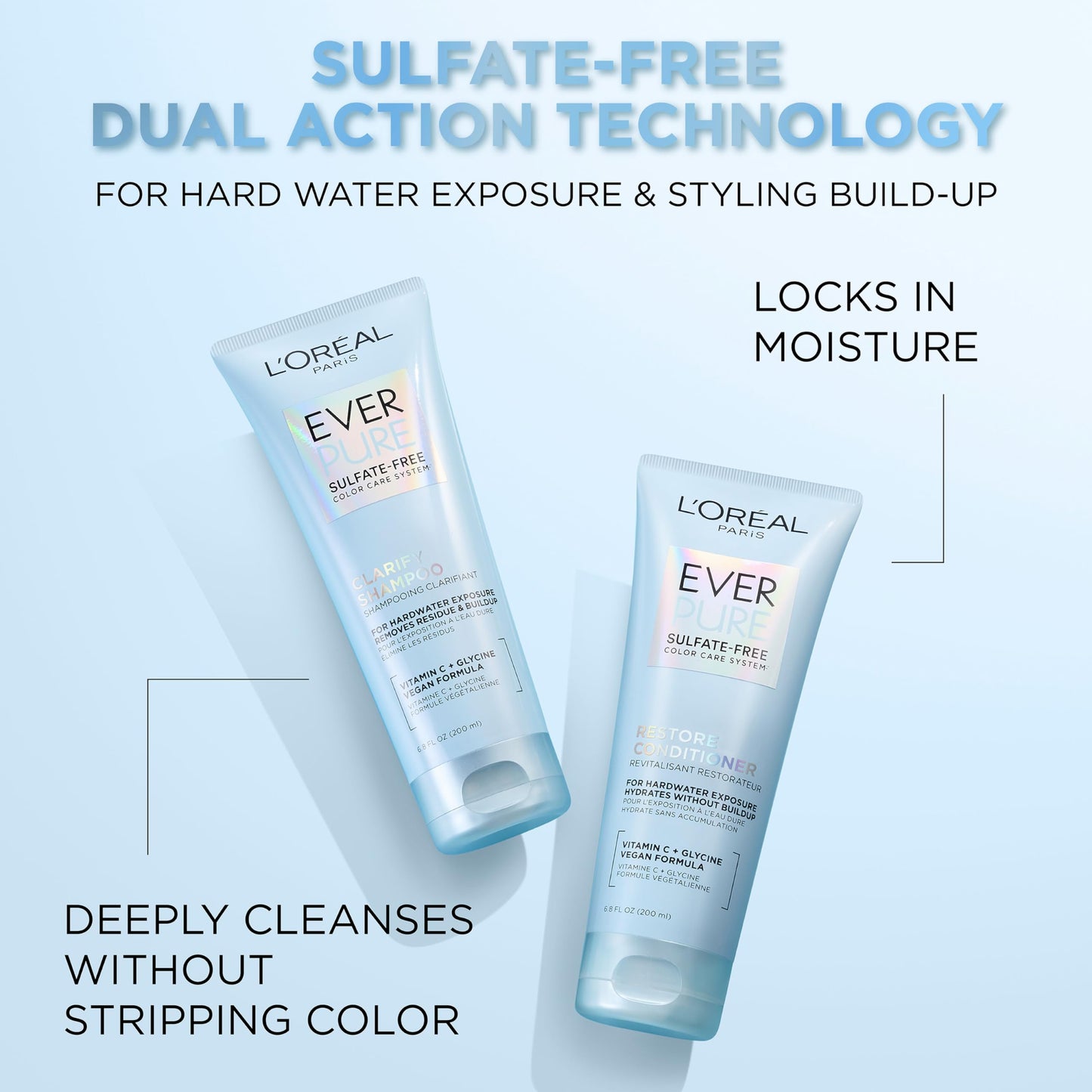 L'Oreal Paris Clarify and Restore Sulfate Free Shampoo and Conditioner Set with Antioxidants for Hard Water Exposure and Styling Build-up, EverPure, 1 Hair Care Kit