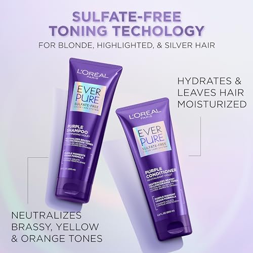 L’Oreal Paris Sulfate Free Brass Toning Purple Shampoo for Blonde, Bleached, Silver, or Brown Highlighted Hair, EverPure, 23 Fl Oz (Packaging May Vary)