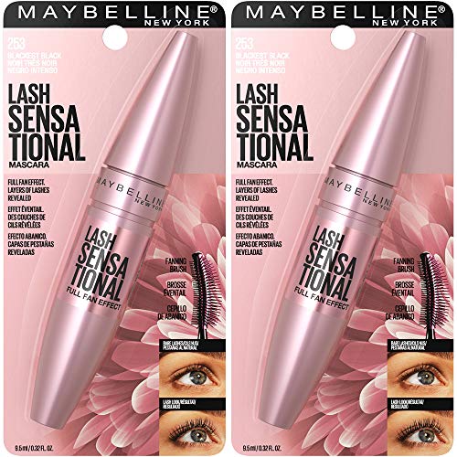 Maybelline Lash Sensational Washable Mascara, Lengthening and Volumizing for a Full Fan Effect, Blackest Black, 2 Count