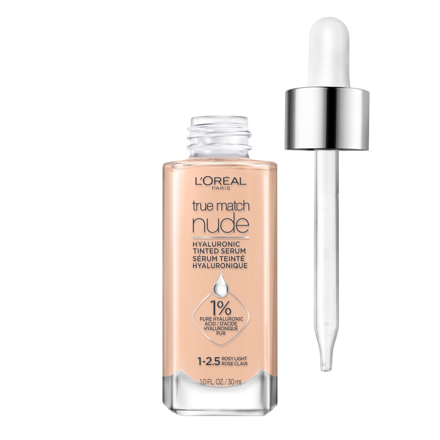 L'Oreal Paris True Match Nude Hyaluronic Tinted Serum Foundation with 1% Hyaluronic acid, Rosy Light 1-2.5, 1 fl. oz.