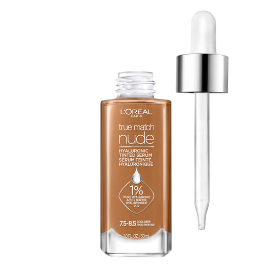 L'Oreal Paris True Match Nude Hyaluronic Tinted Serum Foundation with 1% Hyaluronic acid, Cool Deep 7.5-8.5, 1 fl. oz.