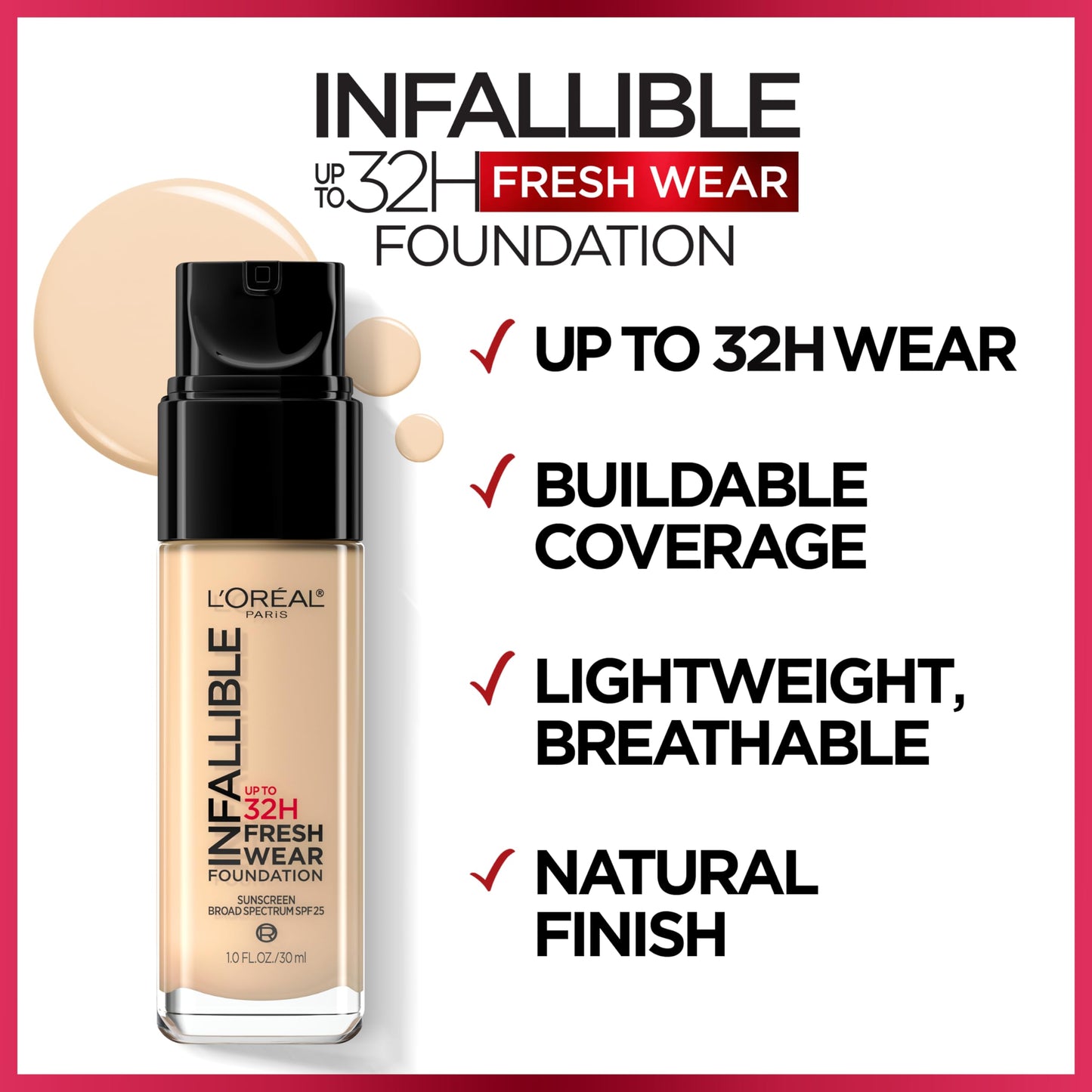 L'Oreal Paris Makeup Infallible Up to 32 Hour Fresh Wear Lightweight Foundation, 411 Beige Ivory, 1 Fl Oz, Packaging May Vary