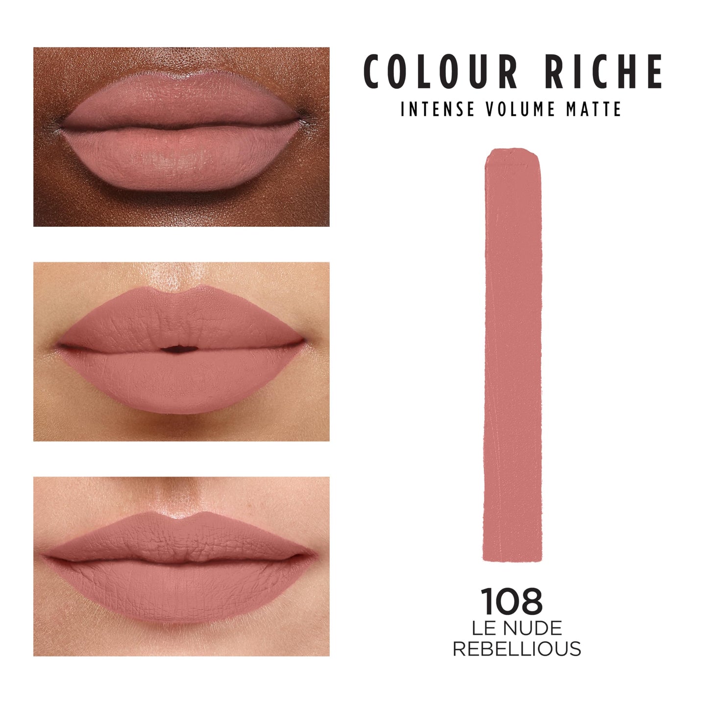 L’Oréal Paris Colour Riche Intense Volume Matte Lipstick, Lip Makeup Infused with Hyaluronic Acid for up to 16HR Wear, Le Nude Rebellious, 0.06 Oz