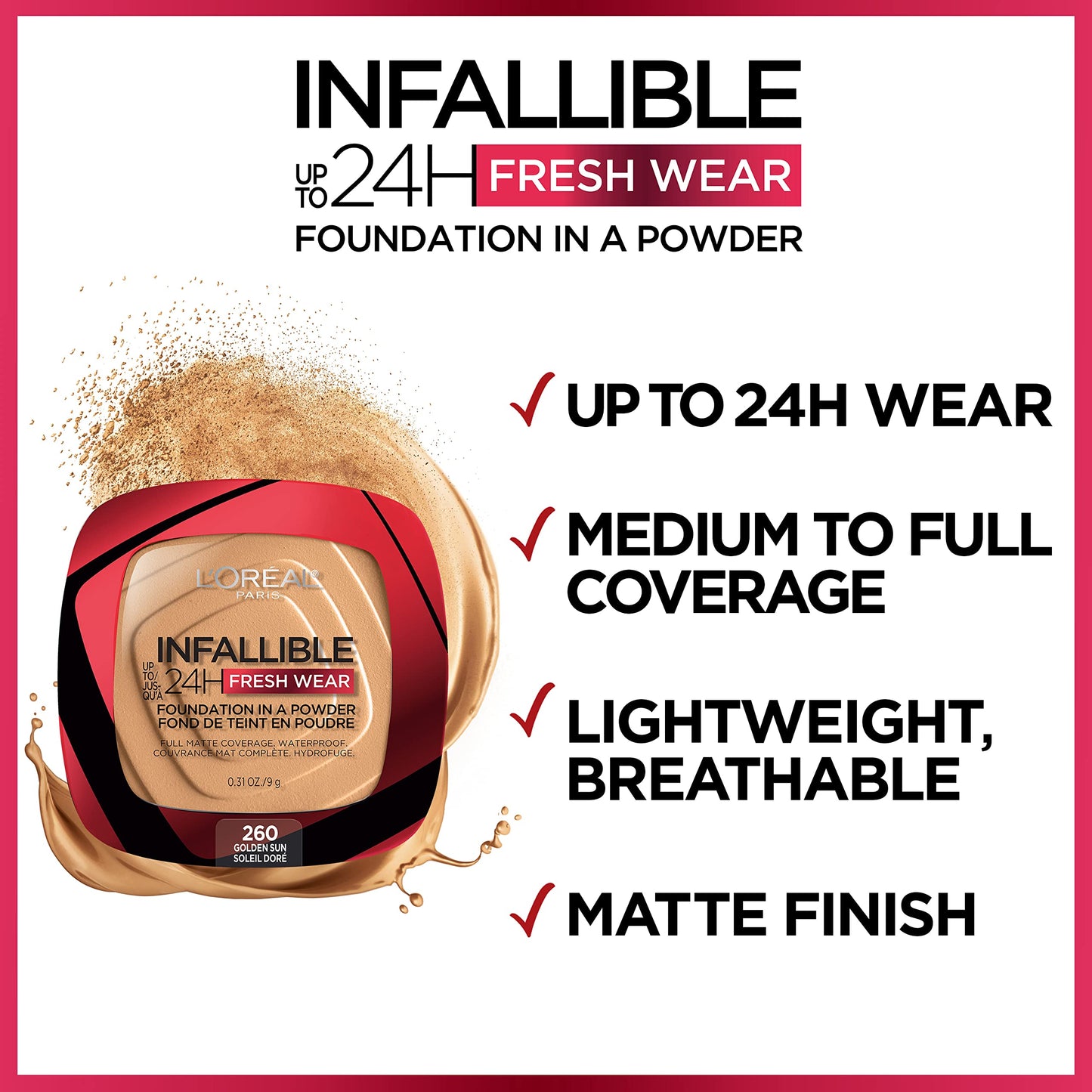 L'Oreal Paris Makeup Infallible Fresh Wear Foundation in a Powder, Up to 24H Wear, Waterproof, True Beige, 0.31 oz.