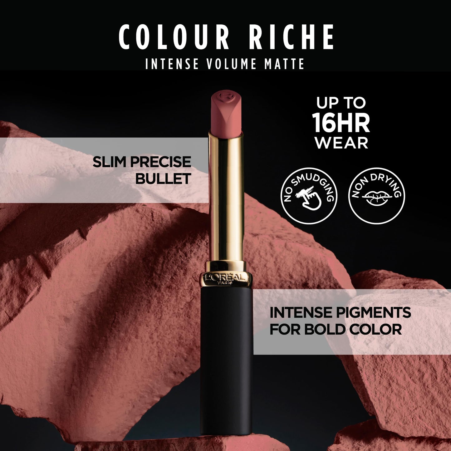 L’Oréal Paris Colour Riche Intense Volume Matte Lipstick, Lip Makeup Infused with Hyaluronic Acid for up to 16HR Wear, Le Nude Rebellious, 0.06 Oz