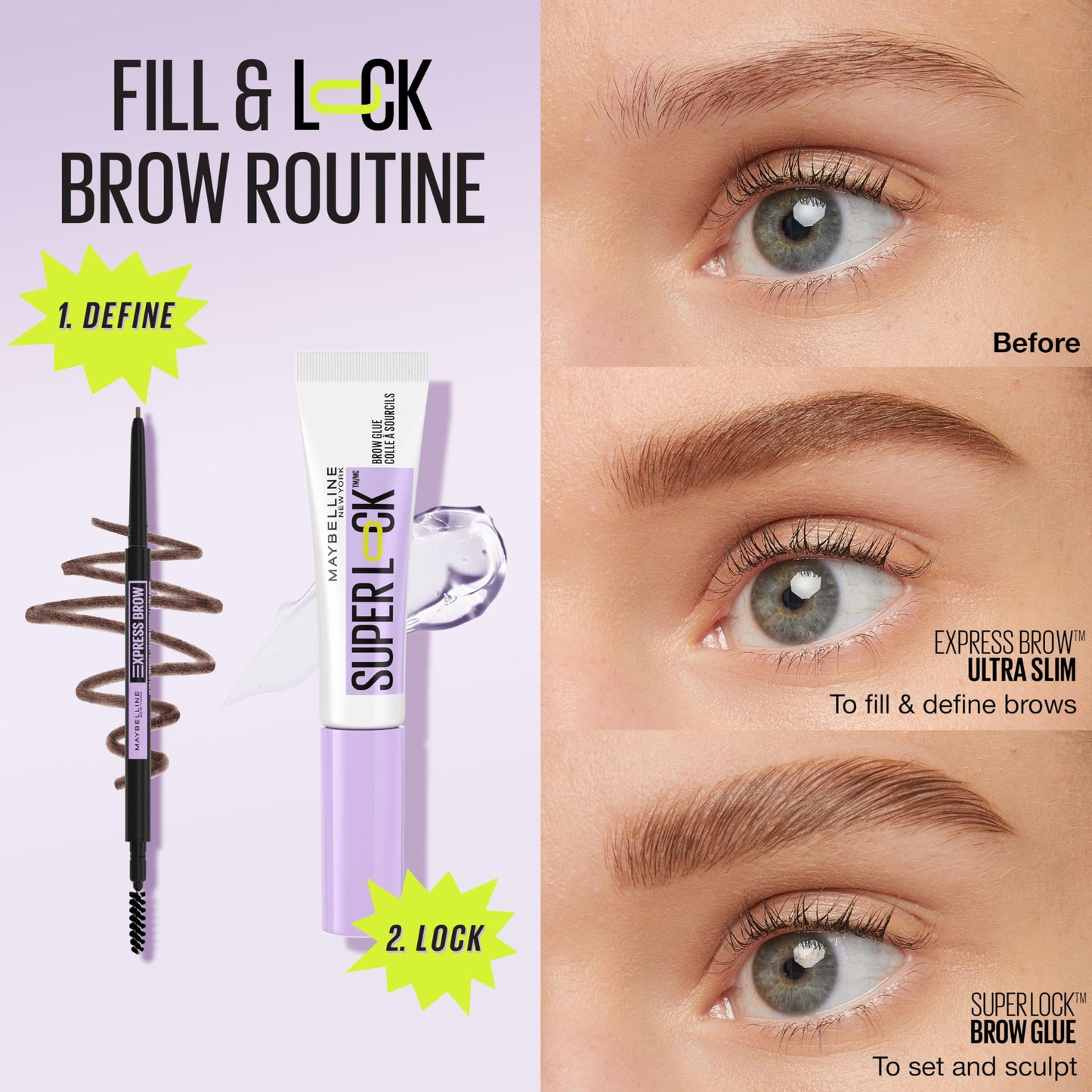 Maybelline Super Lock Brow Glue Eyebrow Gel, Lightweight Brow Gel For Up To 24HR Hold, Clear, 1 Count