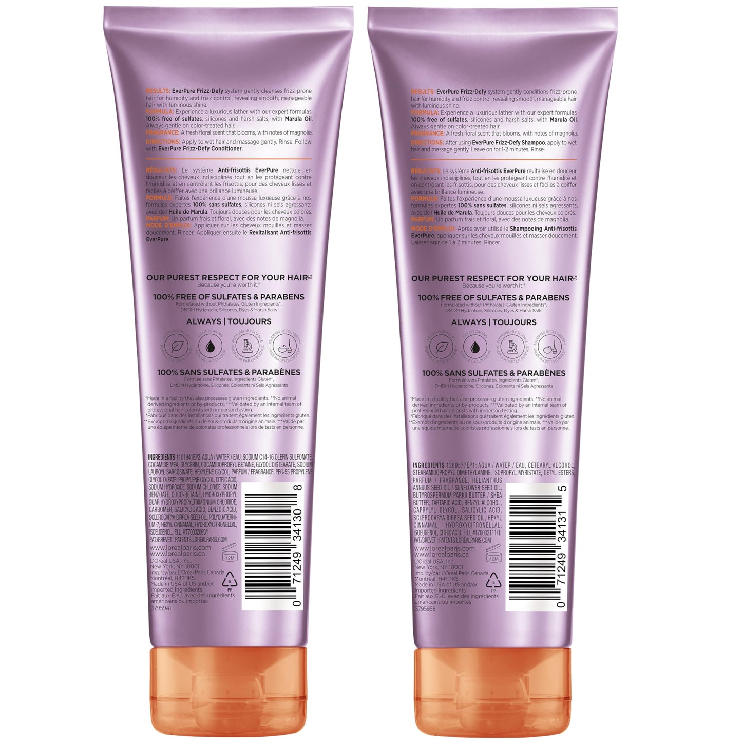 L'Oreal Paris Frizz Defy Shampoo and Conditioner Set, Frizz Control Hair Care with Marula Oil, EverPure, 8.5 Fl Oz, Set of 2