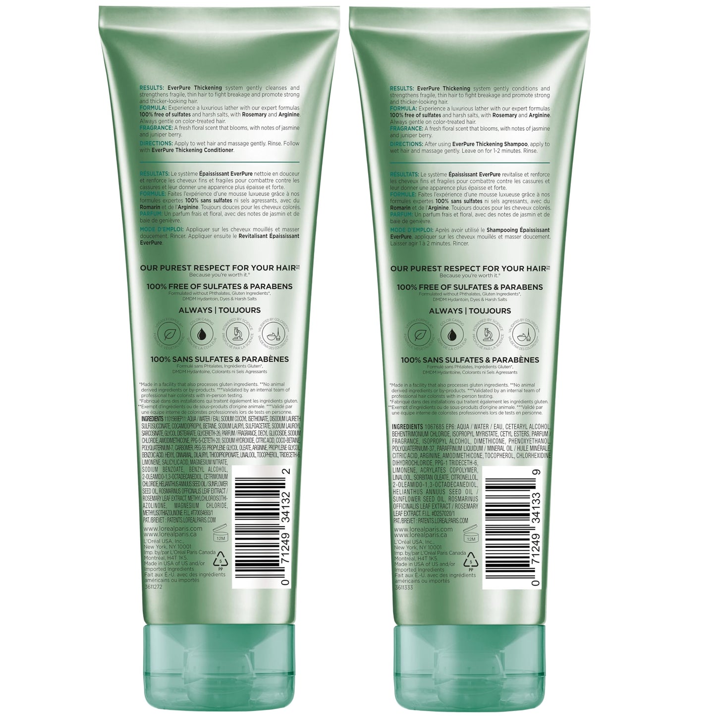 L'Oreal Paris Thickening Sulfate Free Shampoo and Conditioner, Thickens + Strengthens Thin, Fragile Hair, EverPure, 1 Hair Care Kit